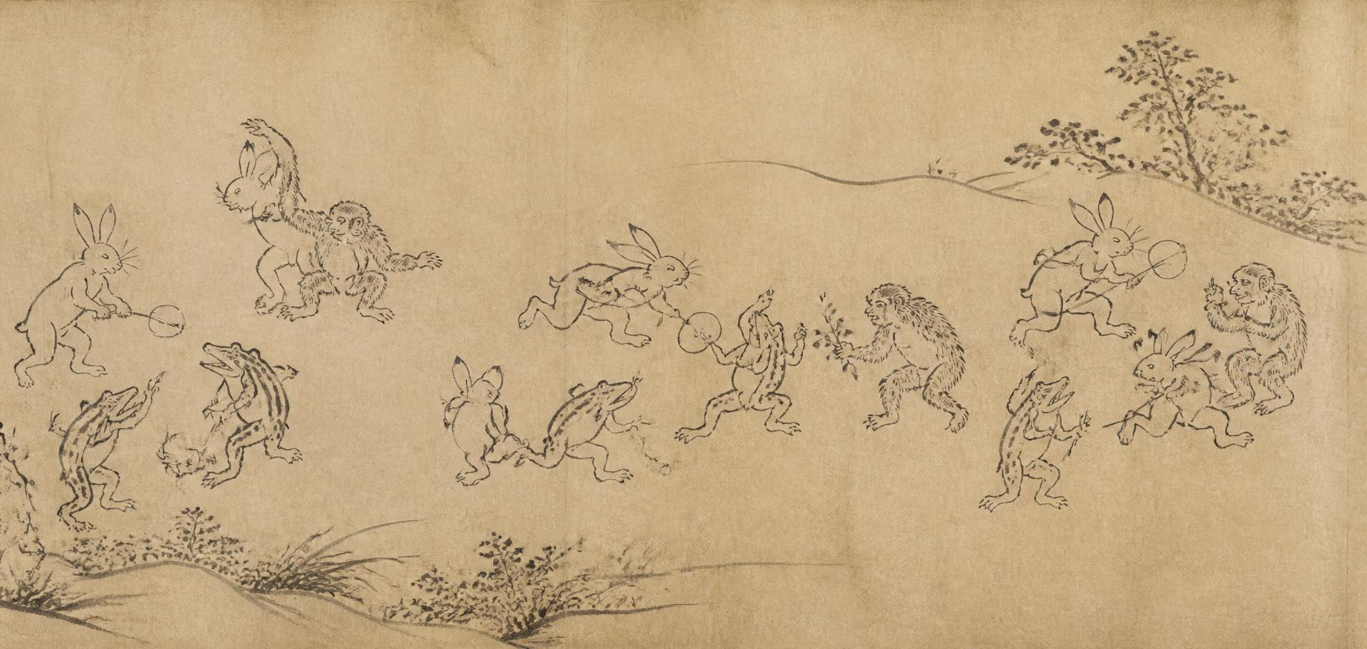 Chōjū-giga style handscroll scene of frogs, rabbits and monkeys playing together in sumi ink