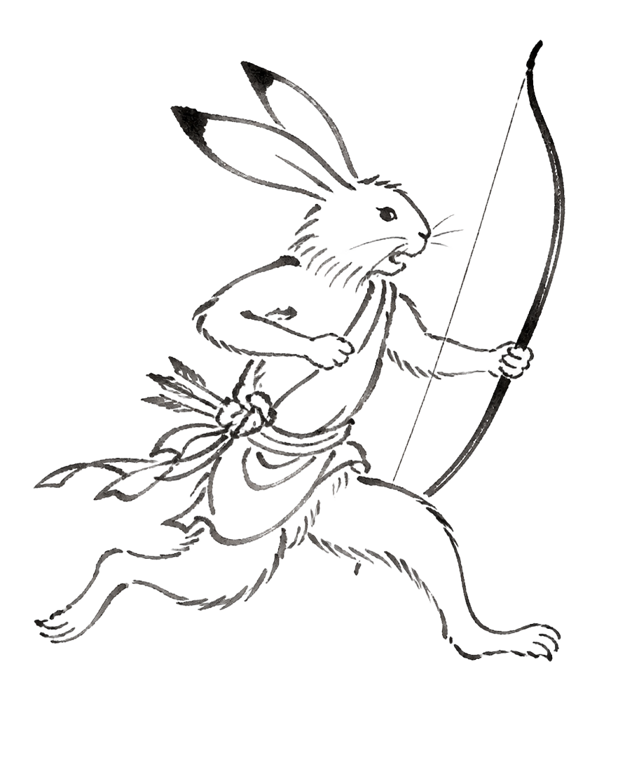 Ink drawing of a rabbit running while carrying a bow and arrows
